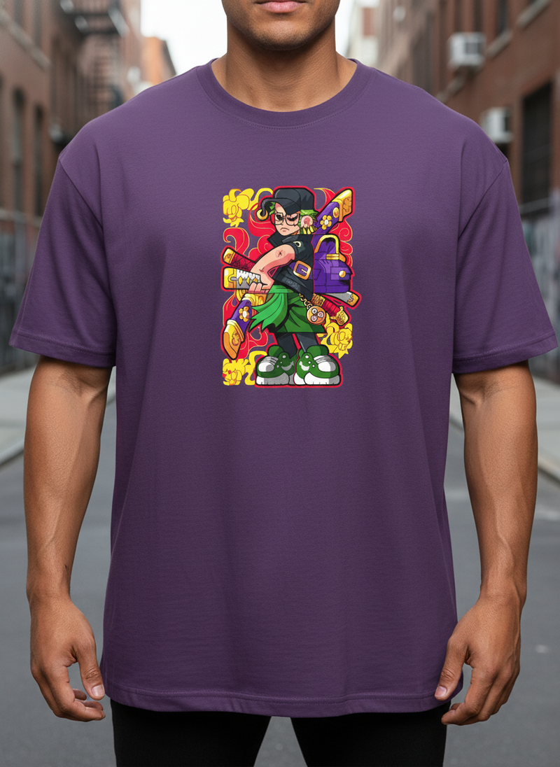 Stylized Anime Fighter T-Shirt | Purple Cotton Graphic Top