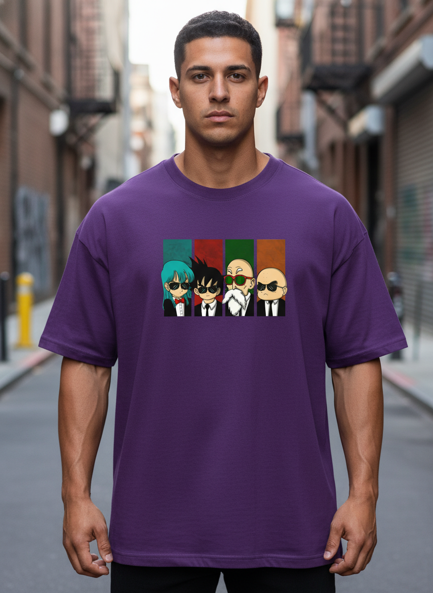 Anime Crew in Suits Graphic Tee | Purple Cartoon Squad T-Shirt