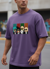 Anime Crew in Suits Graphic Tee | Purple Cartoon Squad T-Shirt