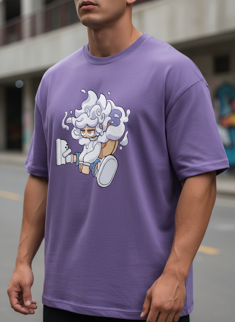 Stylized Anime Cloud Boy Graphic Tee | Purple Streetwear Top
