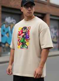 Anngi Anime Swordsman T-Shirt - Beige Graphic Streetwear