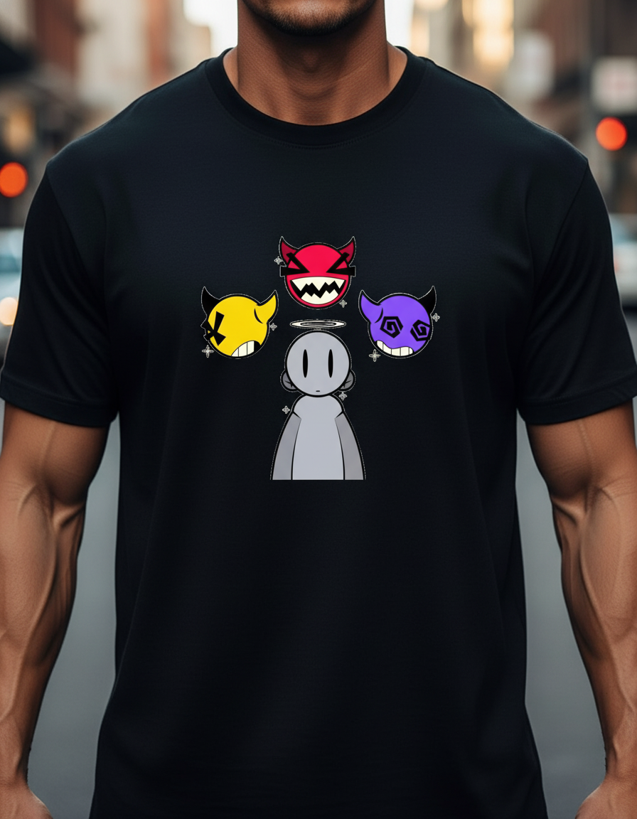 Anngi Halo and Devil Faces T-Shirt - Black Graphic Tee