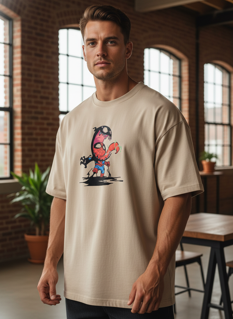 Anngi Venom Eating Spider-Man T-Shirt - Beige Oversized Tee