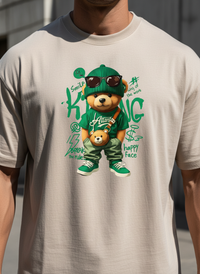 Anngi Cool Green Bear Graphic Tee | Beige Urban Streetwear Shirt