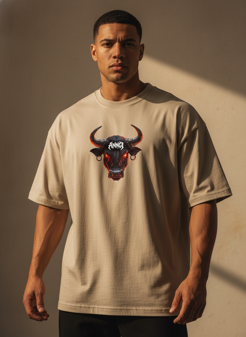 Anngi "Raging Bull" Graphic Tee | Beige Oversized Street Style