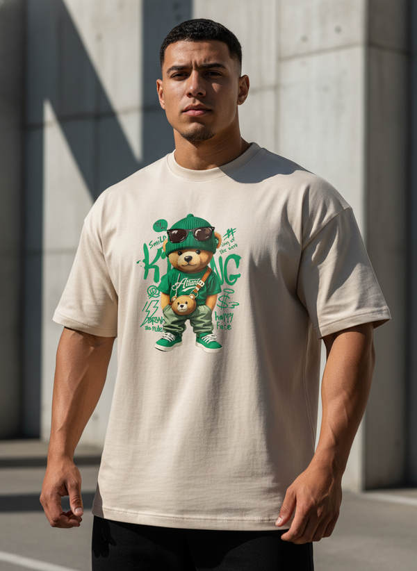 Anngi Cool Green Bear Graphic Tee | Beige Urban Streetwear Shirt