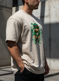 Anngi Cool Green Bear Graphic Tee | Beige Urban Streetwear Shirt
